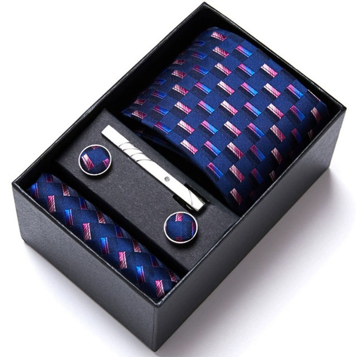 Set elegant 5 piese, MENZ®, model Charlone, cravata, ac cravatam, batista, butoni, albastru indigo/multicolor