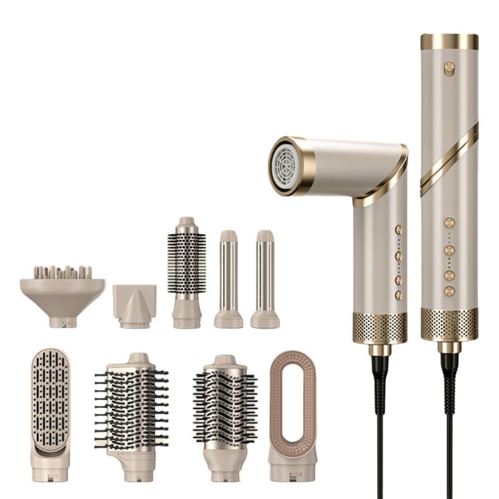 Perie Electrica pentru Par, Multifunctionala, 9 in 1, 1600W, Uscare, Ondulare, Indreptare si Coafat Parul, 2 Trepte de Temperatura, Portabila, Capete Interschimbabile, Ofera Coafuri Rezistente,8 accesorii