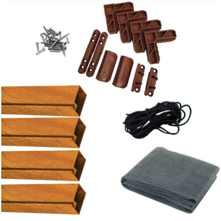 Kit complet plasa insecte, 56 cm x 88 cm, culoare stejar auriu, plasa tantari pe balamale pentru fereastra