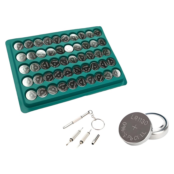 AG10 alkáli gombelem, 50 darabos készlet, 1,5 V, 3 az 1-ben mini csavarhúzó, ezüst, 11,6x3,1 mm