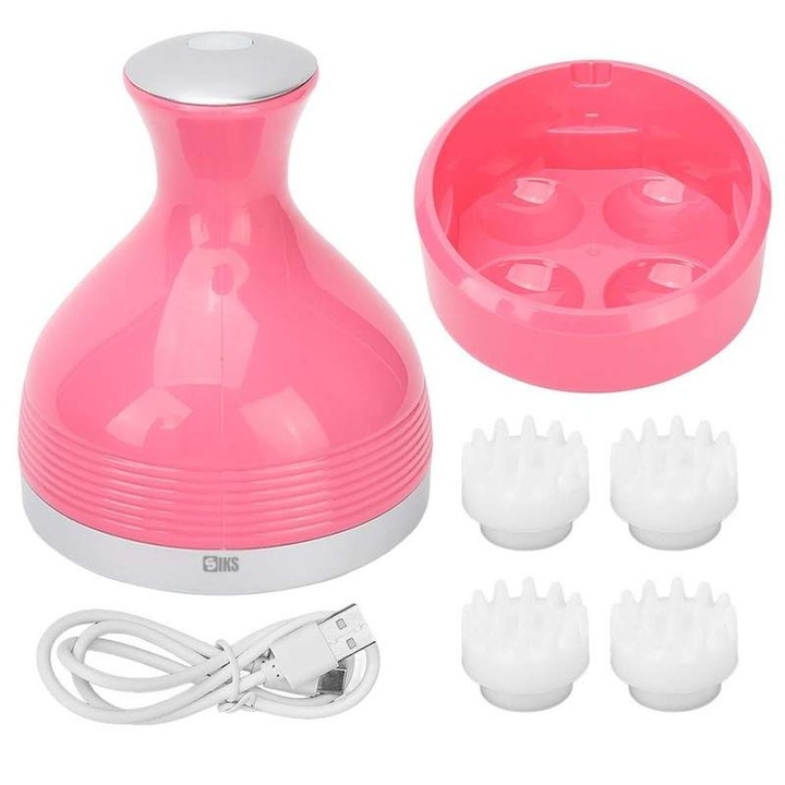 Aparat Electric Inteligent SIKS Pentru Masaj Capilar, Masaj Scalp, Pentru Relaxarea Scalpului Si Reducerea Stresului, 4 Capete Din Silicon, Incarcare USB, Wireless, Suport, 2 Viteze, 2 Moduri De Functionare, Rezistent La Apa, Roz