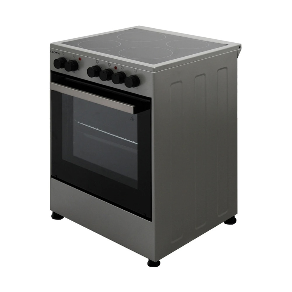 Aragaz Crown CEC-6060V IX, Plita ceramica, 5 functii de incalzire, Cuptor electric, Iluminare interioara, Usa cu 2 geamuri, 65 l, Clasa A, Inox