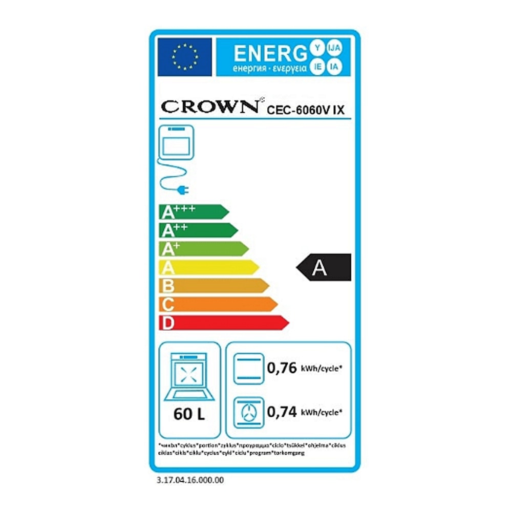 Aragaz Crown CEC-6060V IX, Plita ceramica, 5 functii de incalzire, Cuptor electric, Iluminare interioara, Usa cu 2 geamuri, 65 l, Clasa A, Inox