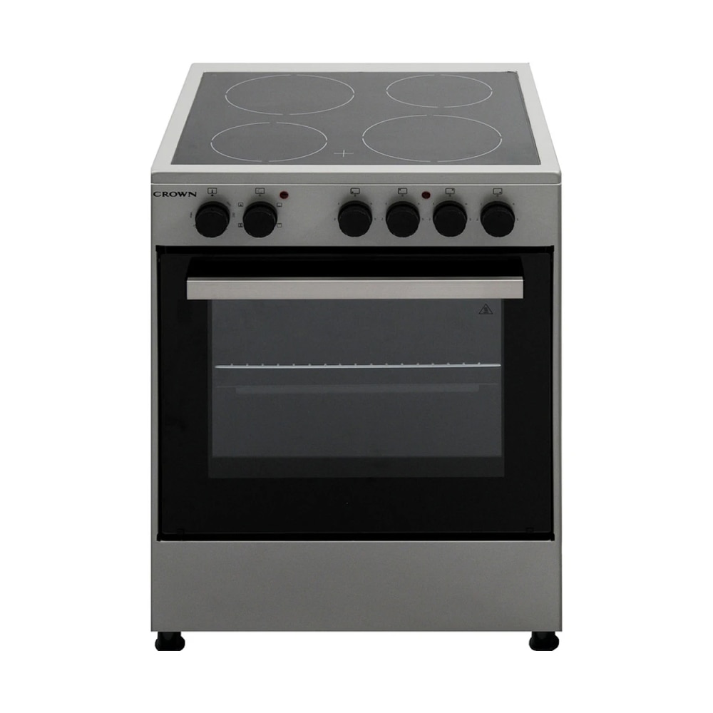Aragaz Crown CEC-6060V IX, Plita ceramica, 5 functii de incalzire, Cuptor electric, Iluminare interioara, Usa cu 2 geamuri, 65 l, Clasa A, Inox