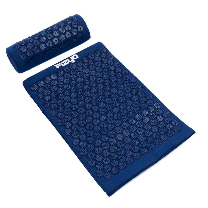 Covor de presopunctura cu perna cu varfuri Fizyo, 66 x 42cm, cu Husa de Transport, pentru Relaxare, Reducerea Tensiunii si Ameliorarea Durerilor Musculare, Albastru marin