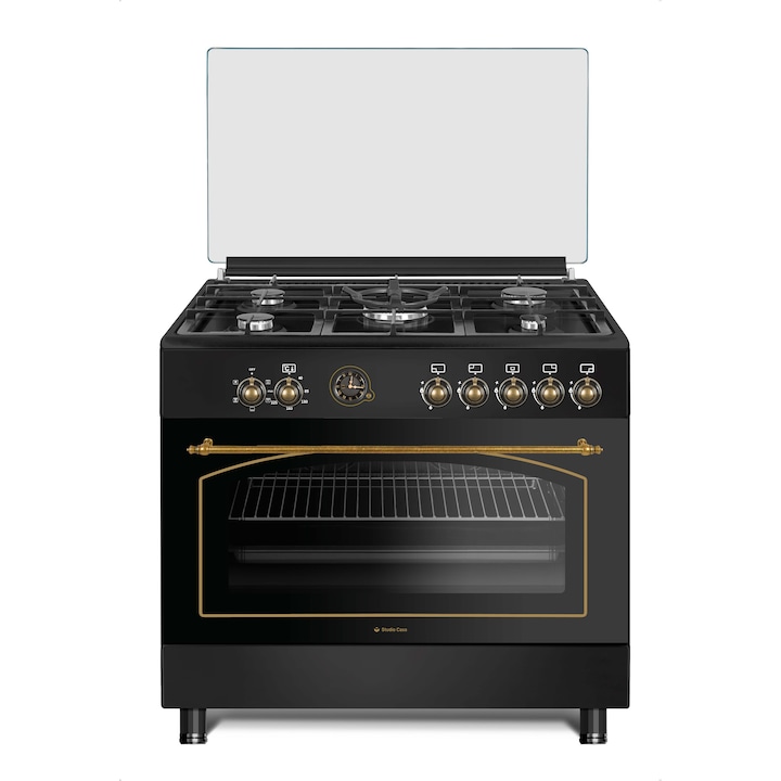Rusztikus tűzhely Ravena FE9060 cm Antracit Studio Casa, Elektromos sütő, 5 gázégő, köztük egy wok, Forgónyárs, 5 funkció, Öntöttvas grill, Fekete