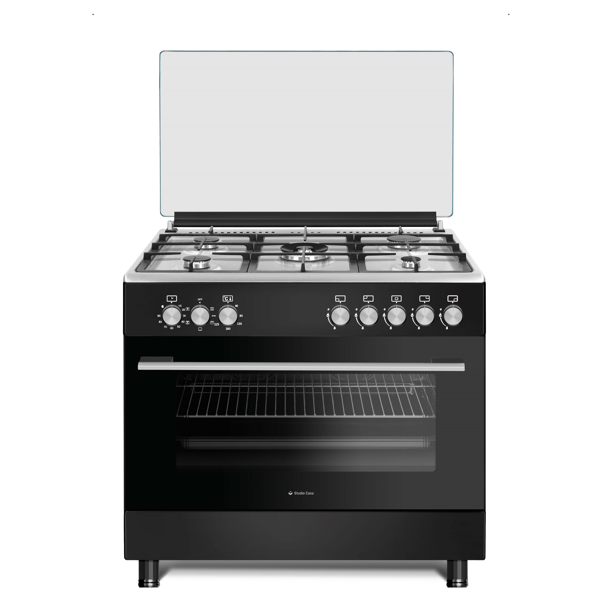 Aragaz clasic 5 arzatoare gaz, Cuptor electric, 90x60cm, Studio Casa Bergamo, negru cu plita inox, Rotisor, Ventilatie, Aprindere electrica, gratare fonta