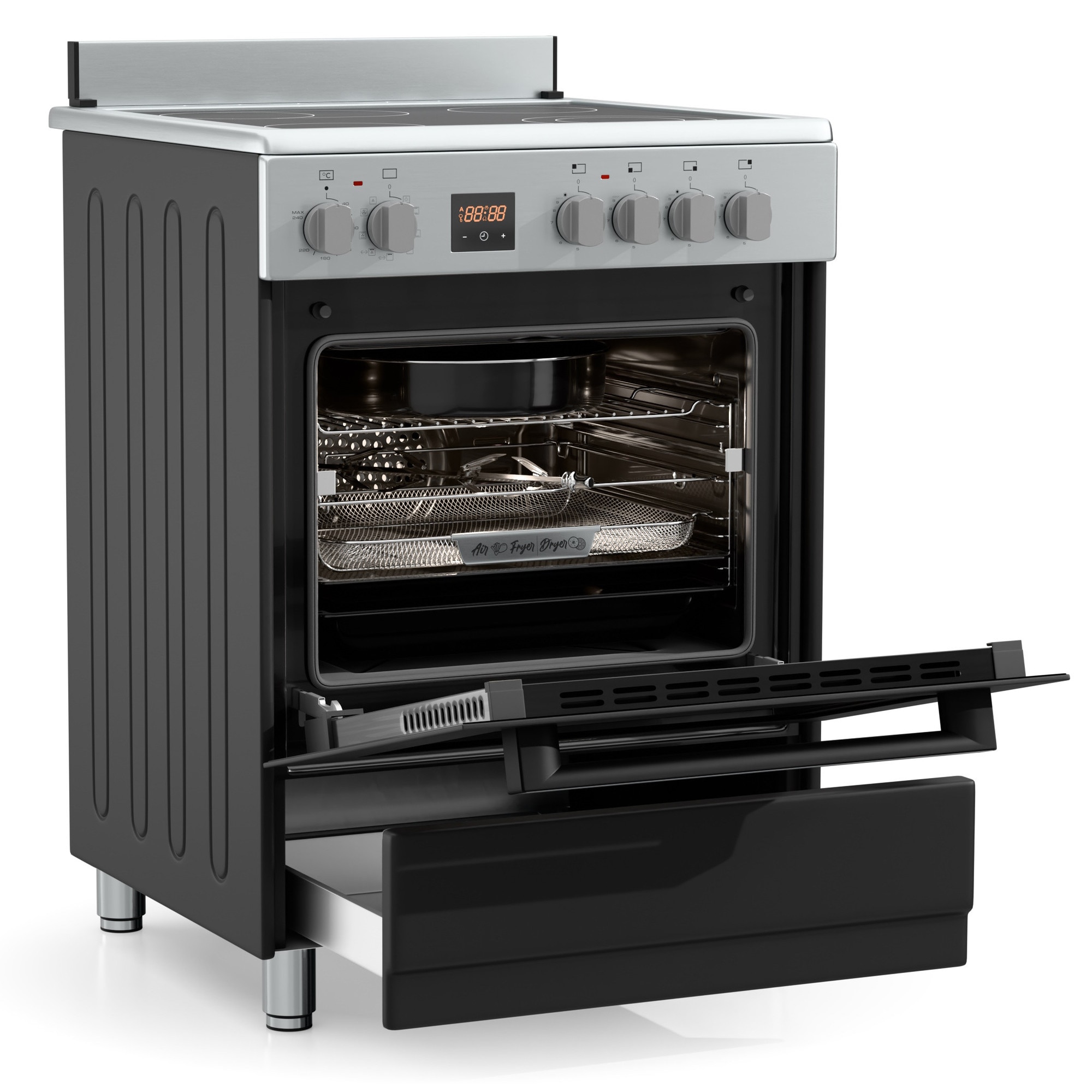 Aragaz Hyundai HCVR24S-6060V/AN, 4 zone de gatit, Electric, Latime 60 cm, Inaltime 90 cm, Airfry, Rotisor, Constructii grele semi-profesionale, Antracit-Inox