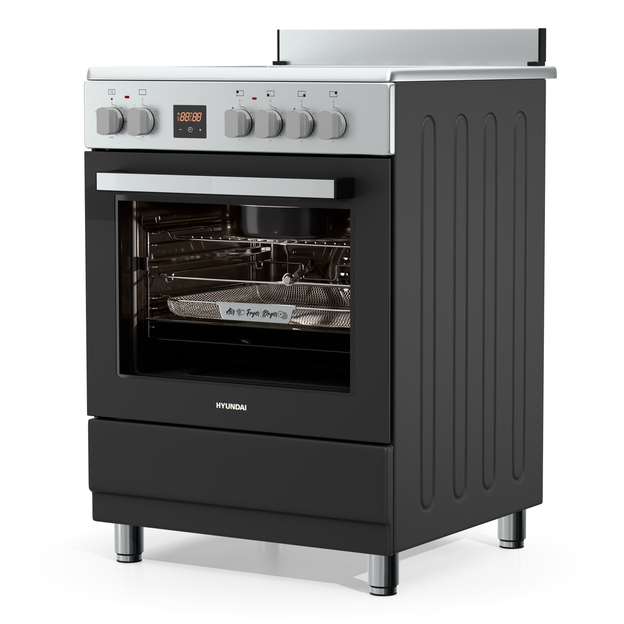 Aragaz Hyundai HCVR24S-6060V/AN, 4 zone de gatit, Electric, Latime 60 cm, Inaltime 90 cm, Airfry, Rotisor, Constructii grele semi-profesionale, Antracit-Inox