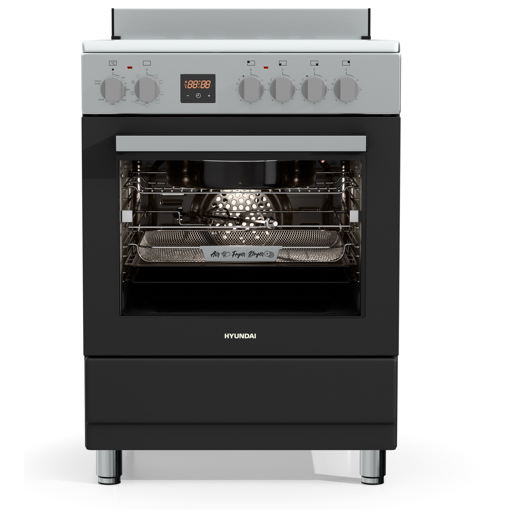 Aragaz Hyundai HCVR24S-6060V/AN, 4 zone de gatit, Electric, Latime 60 cm, Inaltime 90 cm, Airfry, Rotisor, Constructii grele semi-profesionale, Antracit-Inox