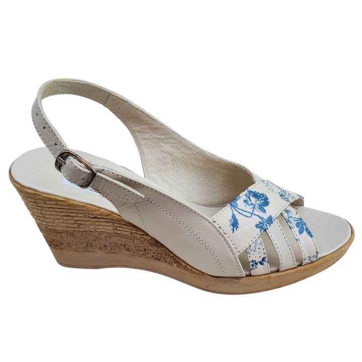 Sandale Dama Albastre Cu Platforma Inalta Din Piele Naturala, Crem