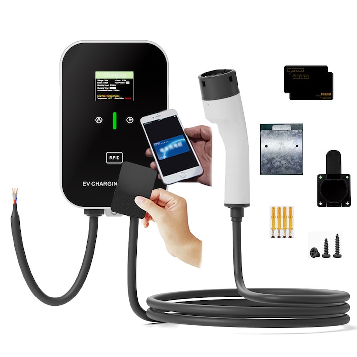 Statie de incarcare pentru vehicule electrice, statie de incarcare montata pe perete, Fudisenn, 7 kW, 220V/32A, cablu de alimentare de 10 metri, stecher tip 2, NFC, afisaj digital, buton de oprire de urgenta, protectie de siguranta cu 12 ori, negru