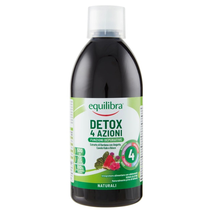 DETOX 4 ACTIUNI - Drenant, Depurativ, Tranzit, Digestie - Supliment Alimentar Pentru Detoxifiere, EQUILIBRA, 500 ml