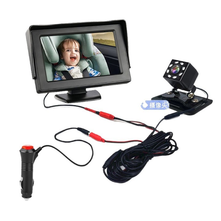 Monitor Video Auto Bebelusi si Copii, Ecran 4.3 inch, Unghi Larg 120°, LCD ecran digital, Vedere Nocturna, Reglabil, Incarcare Bricheta, Negru