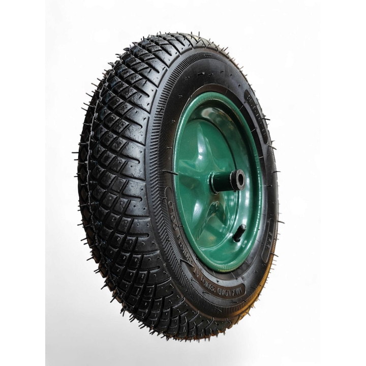 Roata roaba cu camera, 3.50-8, Max. 280 Kg, 8PR, rezistenta, janta metalica cu bucsa plastic, diametru AX 14 mm