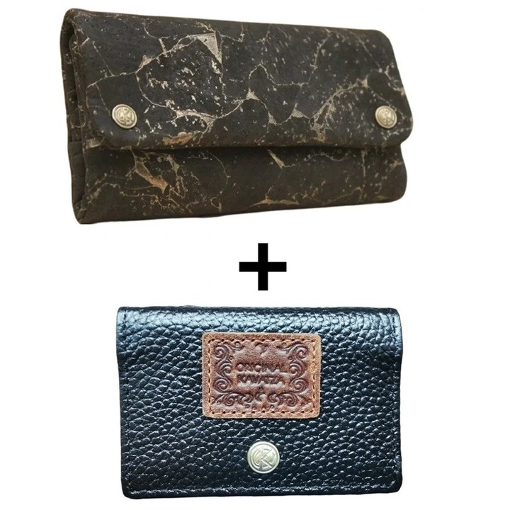 Kavatza tasak pénztárca aranyfekete deluxe parafa + Kavatza klasszikus mini dohánypénztárca fekete Multifunkciós valódi bőr