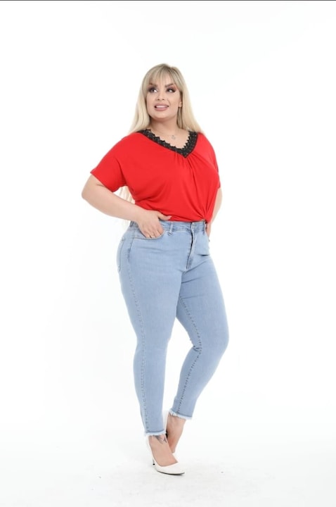 Blugi Dama, Marimi Mari, Franjuri, Big Size, Slimfit, Albastru Deschis, Albastru