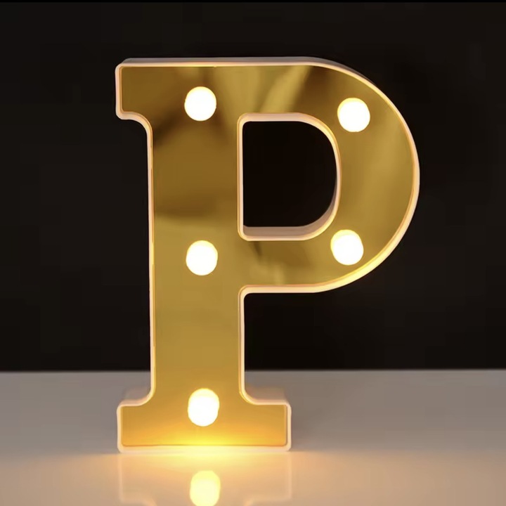 Litera LED cu lumina decorativa, Litera P, pentru acasa sau petreceri, bar, nunta si evenimente, aurie, lumina calda, 16x12.5x3cm