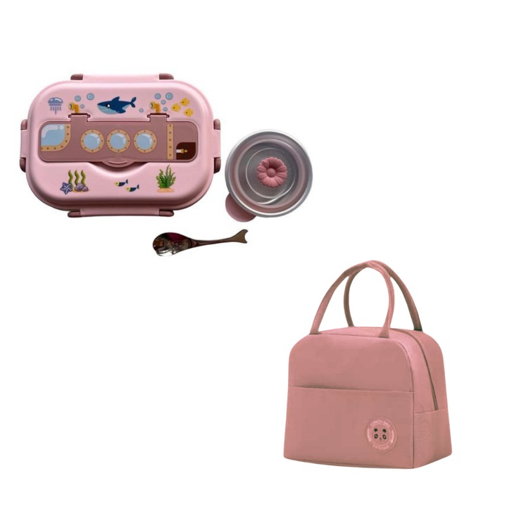 Caserola roz Solid Volt, compartimentata, pentru copii, din inox, cu geanta termoizolanta roz