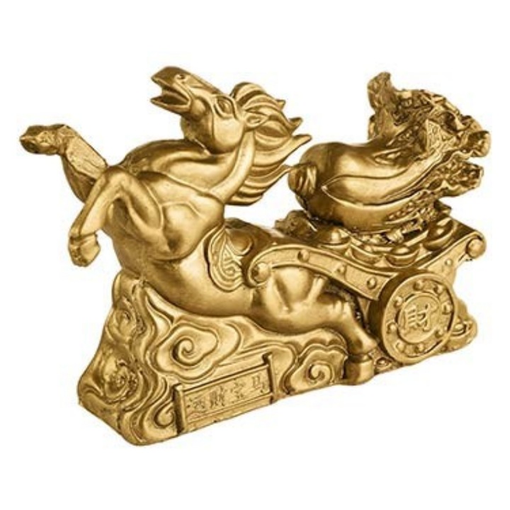 Statueta feng shui GOBI® Calul victoriei auriu cu trasura si varza 12, 5 cm