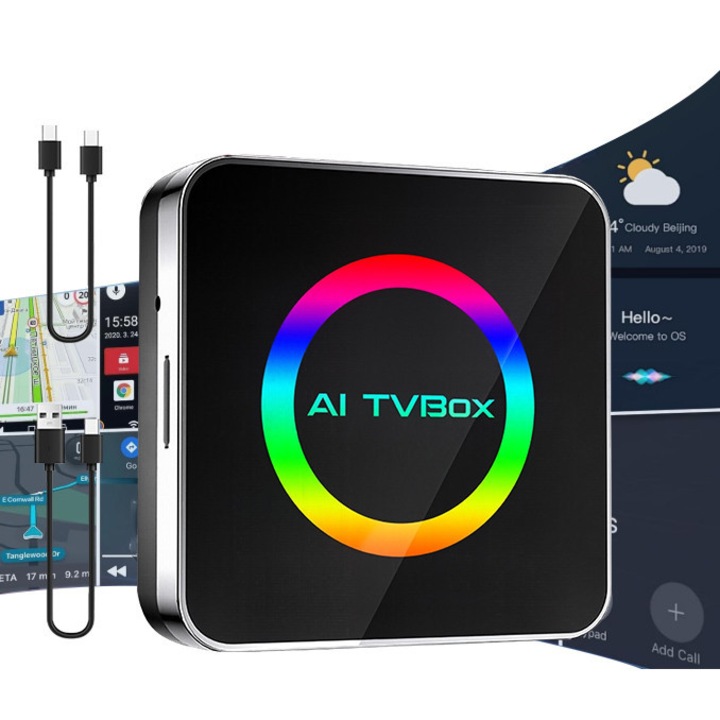 Adaptor Auto Wireless 3 in 1, CAMEANE, Procesor AI, Car Smart Box, Inclusiv card de memorie 2G+16G, Conexiune Bluetooth, Negru/Argintiu