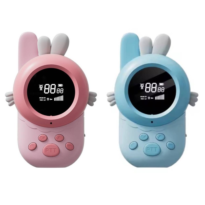 2db walkie-talkie gyerekeknek, LCD kijelző, ABS, hatótáv 3 km, Rózsaszín/Kék