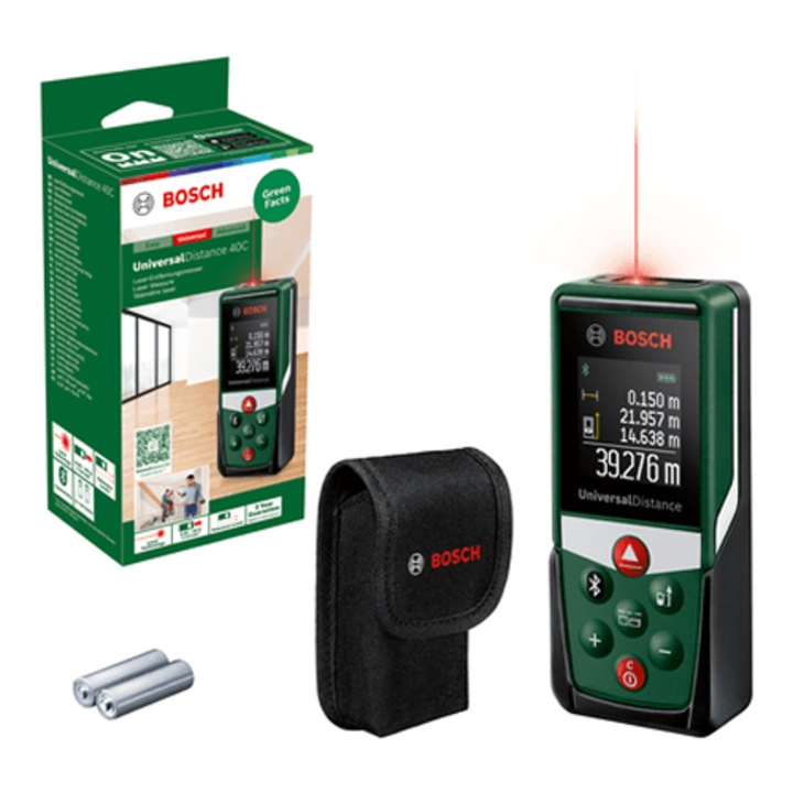 Telemetru laser Bosch Universal Distance 40C 0603672101, 40 m domeniu masurare, 635 nm dioda laser, ± 2 mm/m precizie, 0.5 s timp masurare, clasa laser 2, Bluetooth, 2 x 1.5 V LR03, geanta depozitare