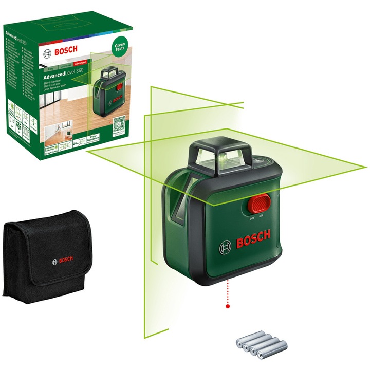 Nivela laser cu linii Bosch Advanced Level 360 0603663B07, 24 m domeniu lucru, ± 0.4 mm/m precizie, clasa laser 2, ± 4° domeniu nivelare, 120° unghi deschidere, geanta depozitare