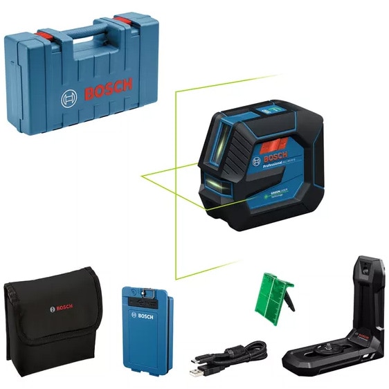 Nivela laser cu linii Bosch Professional 0601065602, 20 m domeniu masurare, 3.7 V, 500-540 nm dioda laser, ± 0.3 mm/m precizie, ± 4° autonivelare, suport universal, husa, placuta v