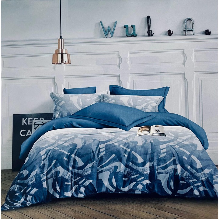 Set Lenjerie de pat dublu, 2 persoane, East Confort, Bumbac, 6 Piese, Cearceaf de pat 230 x 250 cm, Cearceaf pilota 200 x 230 cm, 2 fete de perna 70 x 70 cm, 2 fete de perna 55 x 80 cm, Albastru