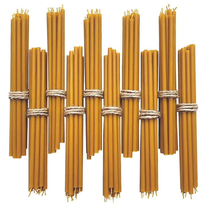 Комплект 50 православни, църковни, традиционни свещи - изработени от естествен пчелен восък, тънки и дълги 17 см, жълти, екологични, бездимни, некапящи