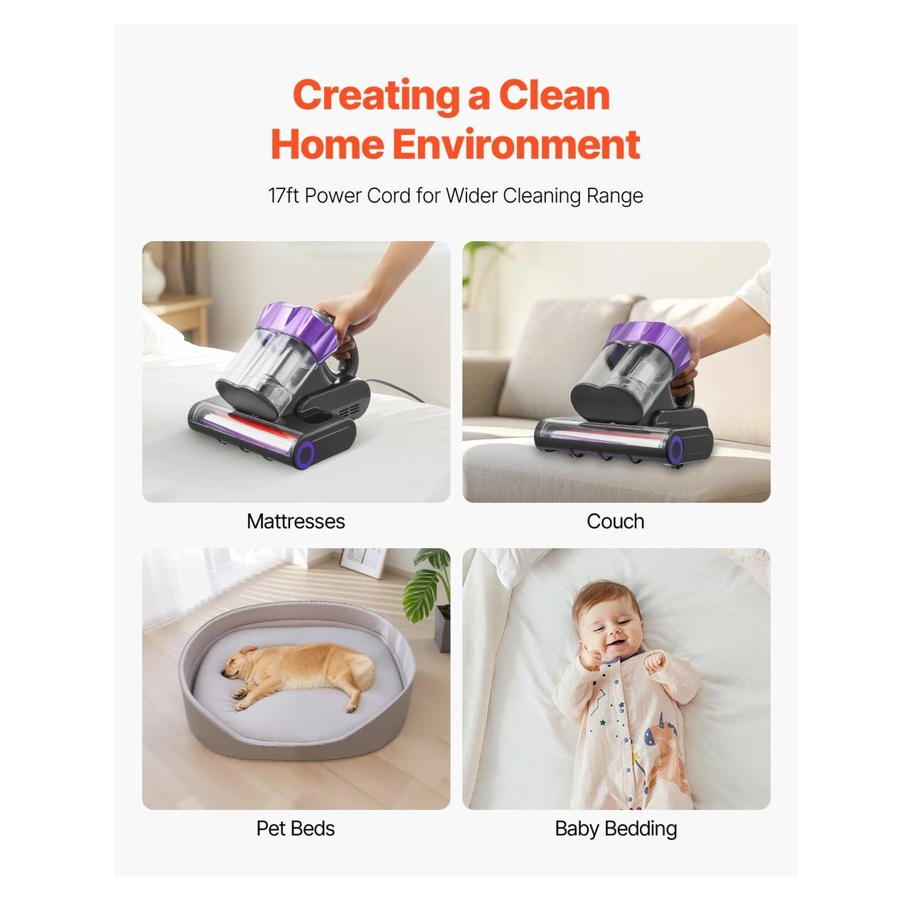 Aspirator pentru saltele antiacarieni, Filtru Hepa, Functie incalzire, 550 W, Capacitate 650 ml, Afisaj intelligent Led