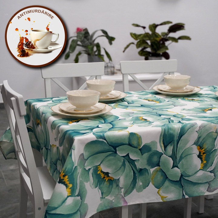 Szennyeződésmentes terítő 100% pamutból, 160 cm átmérővel, fehér-zöld virágmintával