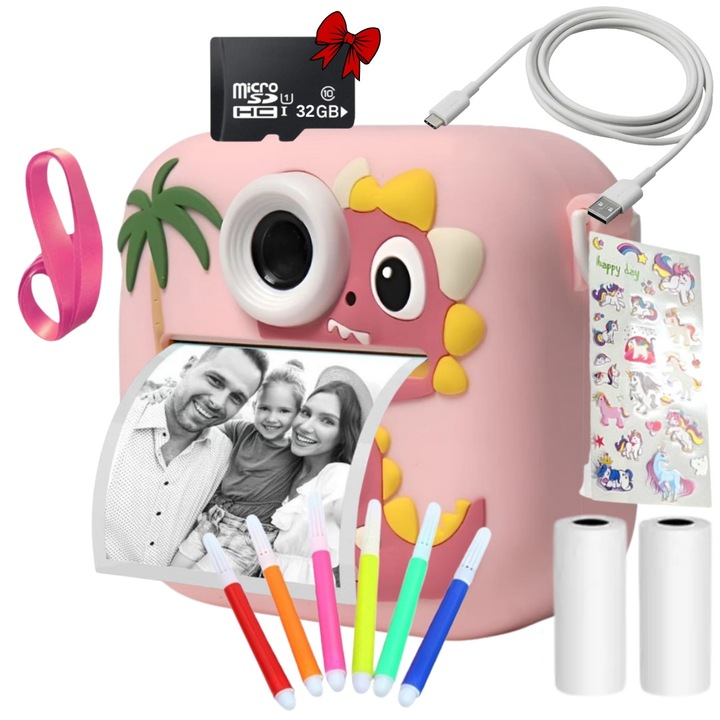 Aparat foto pentru copii SMARTIC®, rezolutie Full HD 1080p, baterie 800mAh, ecran 2.4 inch, card memorie 32 GB, functie de printare instant, un joc integrat, 3 role pentru printare, MP3, mod selfie, 5 carioci, USB type-C, roz