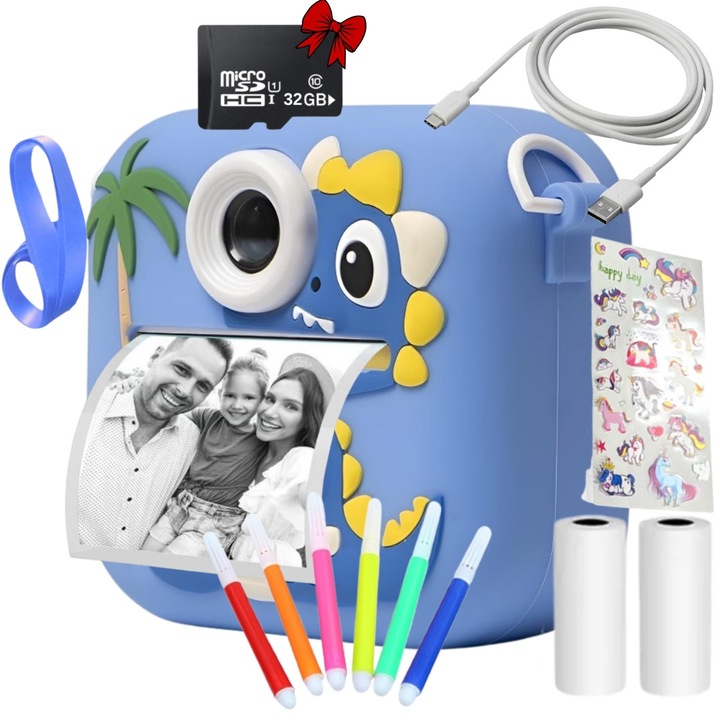 Aparat foto instant SMARTIC®, rezolutie Full HD 1080p, baterie 800mAh, ecran 2.4 inch, card memorie 32 GB, functie de printare instant, un joc integrat, 3 role pentru printare, MP3, mod selfie, 5 carioci, USB type-C, albastru inchis