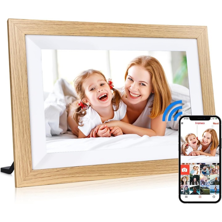 Rama foto digitala WiFi, WALALLA, 15,6 inci, ecran mare IPS FHD 1920 x 1080P, rama foto Frameo Touch Cloud, aplicatie de la distanta, player foto, muzica si video, memorie 32 GB, foto/video/muzica, maro