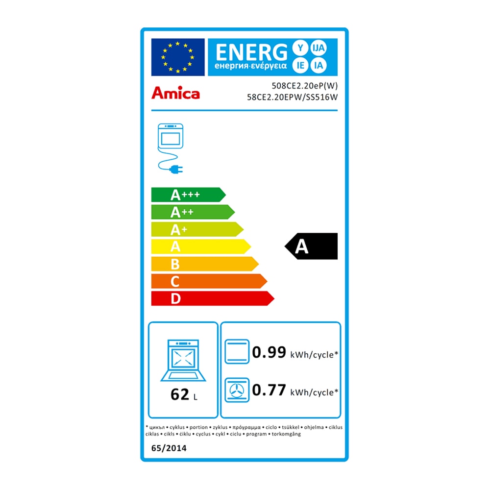 Aragaz AMICA 508CE2.20EP(W), Plita ceramica, Temporizator mecanic, Indicator de caldura reziduala, 5 functii, 62 l, Clasa A, 7.8 kW, Alb