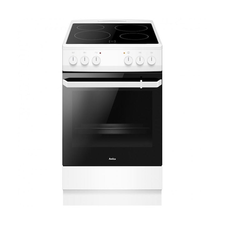Aragaz AMICA 508CE2.20EP(W), Plita ceramica, Temporizator mecanic, Indicator de caldura reziduala, 5 functii, 62 l, Clasa A, 7.8 kW, Alb