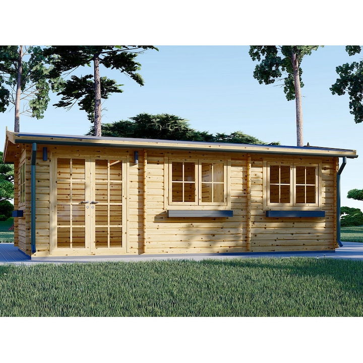 Casa din lemn Nora, 24 mp, 2 camere, perete unic de 44mm, Pin Nordic, 7x4m