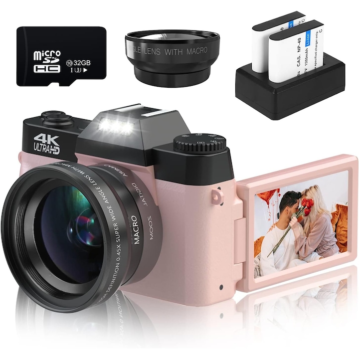 Aparat foto digital, WALALLA, ecran de 3 inci, wifi, ecran rabatabil la 180 de grade, 56MP 4K HD, zoom 16x, obiectiv profesional cu unghi larg de 52 mm si obiectiv macro, cu card de 32 GB, baterie, potrivit pentru calatorii in familie, roz