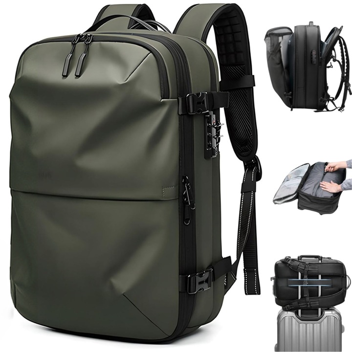 Rucsac de calatorie cu Vacuum DASBO, Bagaj de mana multifunctional, Impermeabil, Extensibil, Multiple compartimente, 30-60 L, spatiu Laptop, respirabil si spatios, cu cifru antifurt, rezistent la apa, 49*32*15 cm, Verde