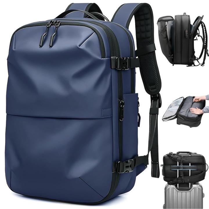 Rucsac de calatorie cu Vacuum DASBO, Bagaj de mana multifunctional, Impermeabil, Extensibil, Multiple compartimente, 30-60 L, spatiu Laptop, respirabil si spatios, cu cifru antifurt, rezistent la apa, 49*32*15 cm, Albastru