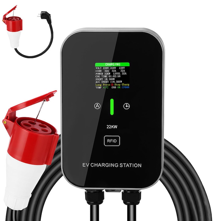 Statie de incarcare masini electrice, Fudisenn, 22KW, 220V / 32A, Cablu de alimentare de 5m, Mufa Type 2, Afisaj digital mare, Multifunctional, Instalare usoara, Buton de oprire de urgenta, Rezistent la apa si praf, 12 straturi de protectie, Negru