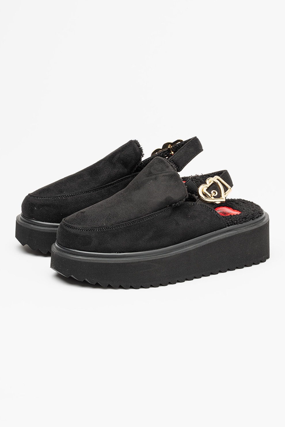 Love Moschino, Papuci flatform cu catarama metalica, Negru, 39