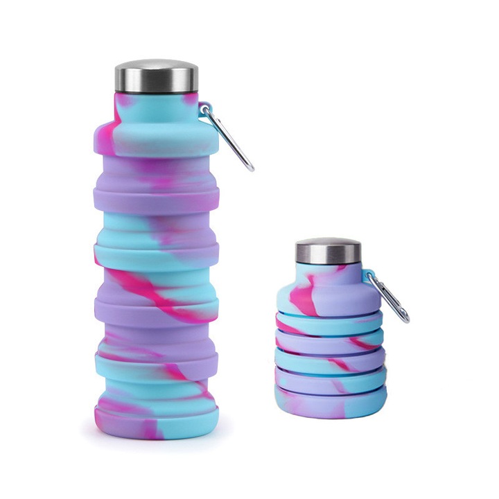 Sticla de apa pliabila din silicon pentru drumetii, trekking si camping 500 ml, design portabil si rezistent la scurgeri, Multicolor-Violet&Albastru