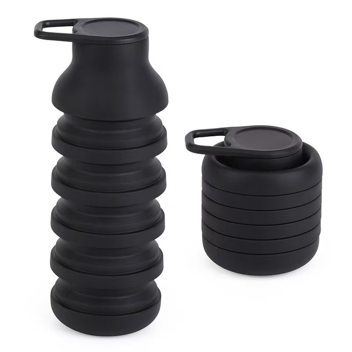 Sticla de apa pliabila din silicon alimentar, 600 ml, cu carabina, usoara si portabila, ideala pentru camping, drumetii si trekking​-negru