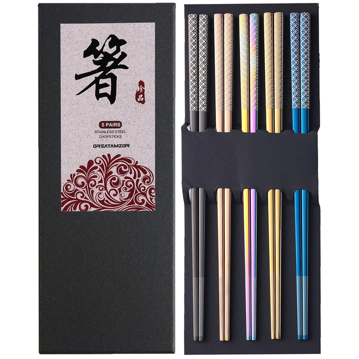 Комплект метални клечки за многократна употреба, OUYLAF, неръждаема стомана, неплъзгащ се дизайн, гравиран мотив, многоцветни, 5 чифта