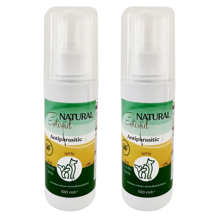 Spray Ectocid Natural gata de aplicare, recomandat ca adjuvant in tratamentul infestatiilor cu pureci si paduchi malofagi la toate speciile de animale, inclusiv pentru Caini, Pisici si Pasari de colivie, 2x100 ml