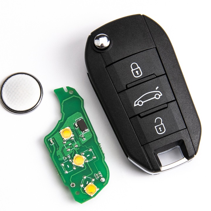 Cheie Telecomanda Pentru Peugeot 208, 2008, 301, 308, 508, 5008, 3 Butoane, Cip ID46 PCF7941, Lama HU83, 434MHz, CR2032, 1608504480, 1608504380, Neagra, Electronica Inclusa, Noua