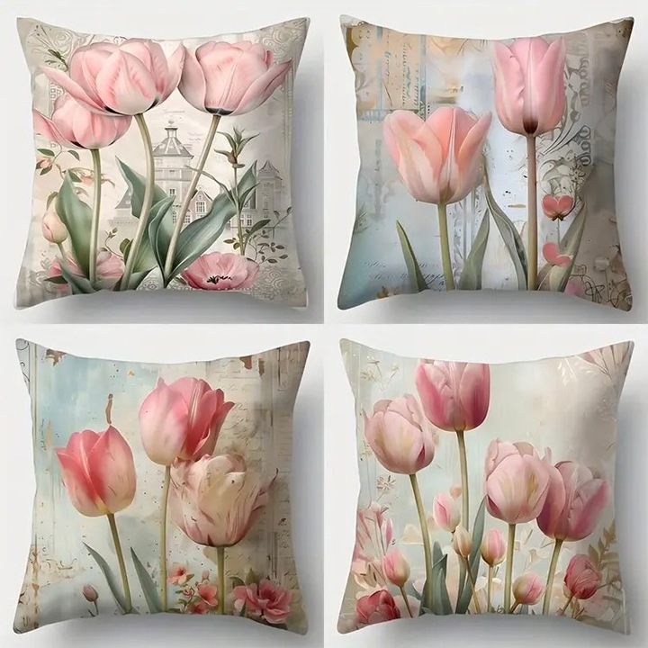 Pasztell, elegáns 4 db-os díszpárnahuzat készlet, tulipán, virág motívum, dekoráció motívum, díszpárna, párna, huzat, 45x45 cm #197